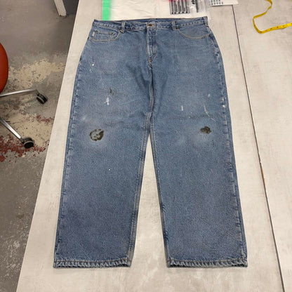 Mens Carhartt jeans W42 L30 blue thick fleece lined 90s style skater work jeans