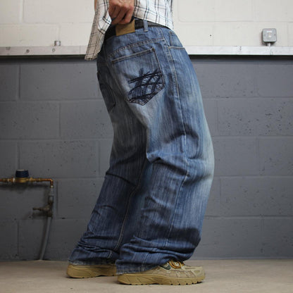 Y2K baggy embroidered jeans washed blue denim W38L34Vibes Gold Label surf pants embroidered