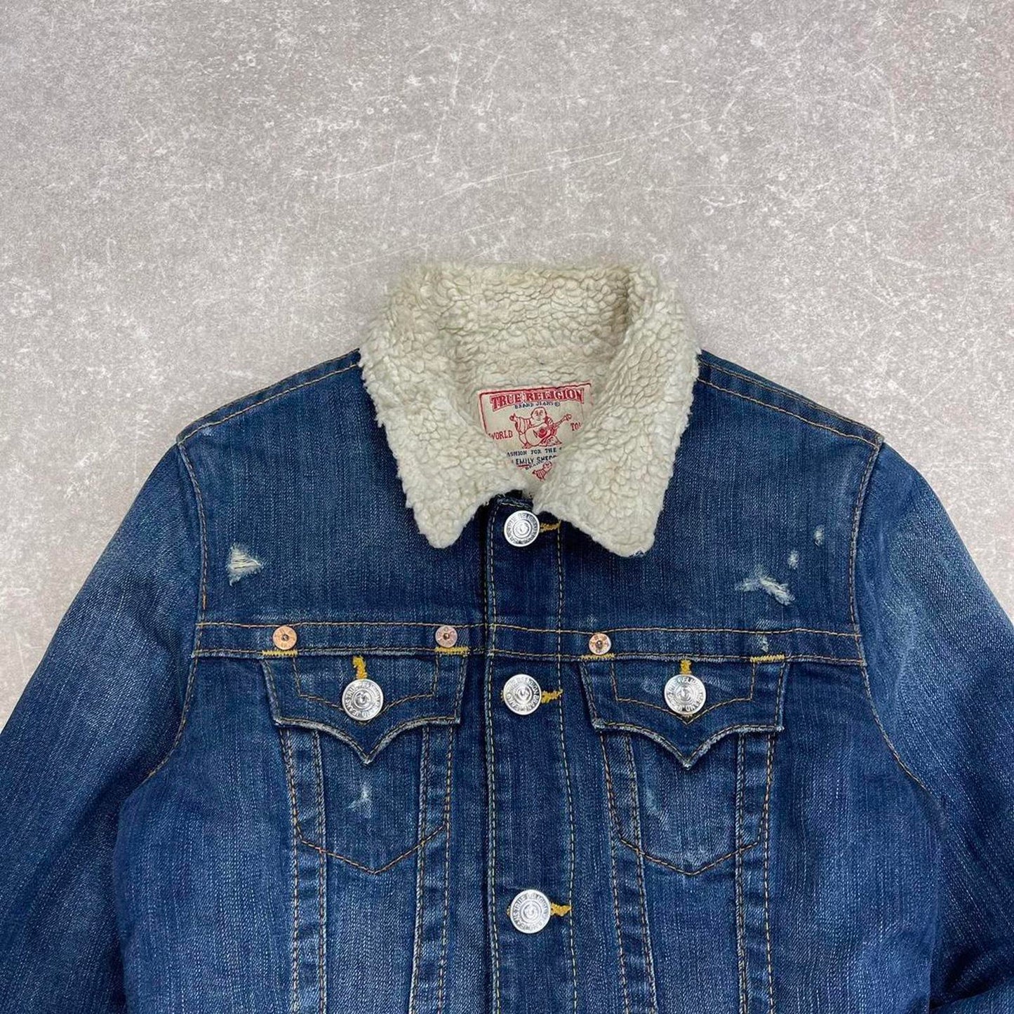 Y2k True Religion denim jacket Small Emily sherpa lined 00s cropped style coat stitch detailing
