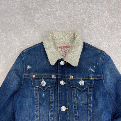 Y2k True Religion denim jacket Small Emily sherpa lined 00s cropped style coat stitch detailing