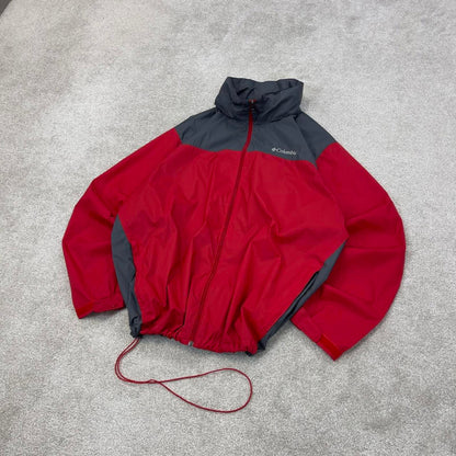 Red grey Columbia technical jacket XL men's y2k style unlined hooded adjustable windbreaker autumn
