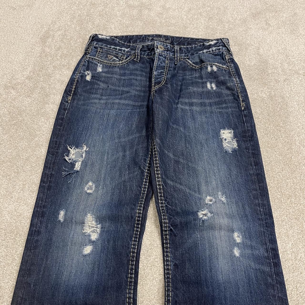 Y2K Guess bootcut jeans W33L34 blue ripped denim Loose bootcut pants with stitch design and pockets
