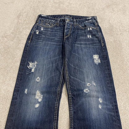 Y2K Guess bootcut jeans W33L34 blue ripped denim Loose bootcut pants with stitch design and pockets