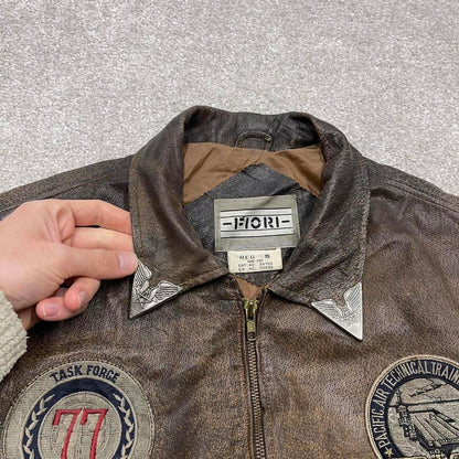 Vintage leather flight aviator bomber jacket brown Fiori boxy genuine leather A-2 style flying coat