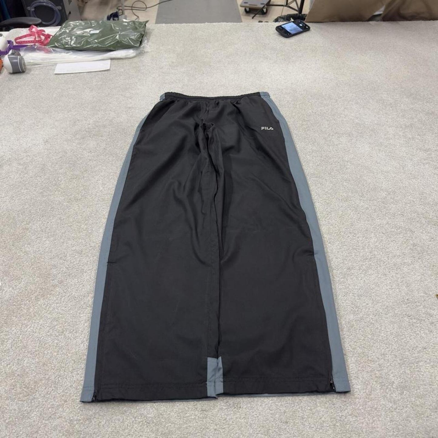 FILA tracksuit bottoms loose leg black Vintage lined embroidered side stripe track pants