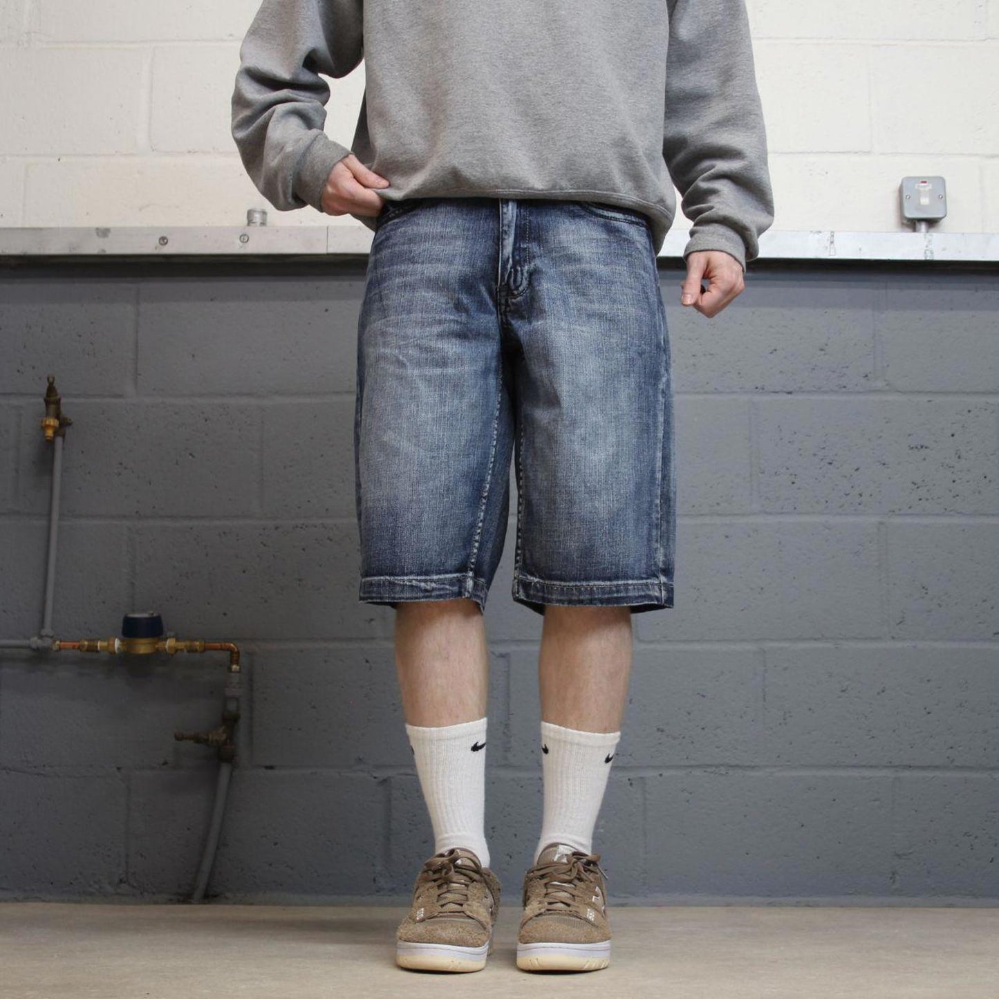 Y2K embroidered denim skate jorts blue Loose Urban Pipeline summer festival shorts