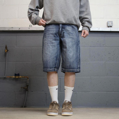 Y2K embroidered denim skate jorts blue Loose Urban Pipeline summer festival shorts