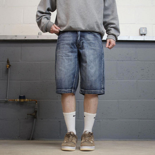 Y2K embroidered denim skate jorts blue Loose Urban Pipeline summer festival shorts