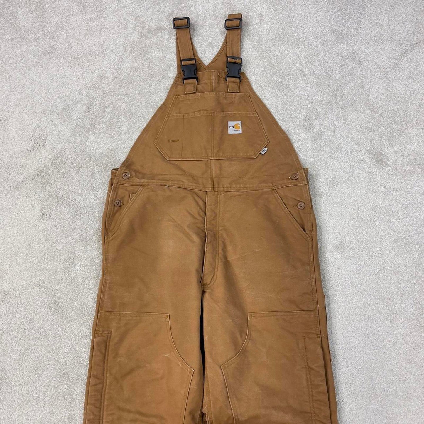 Tan Carhartt FR dungarees W42L36 padded canvas overalls 90s style fire resistant utility workwear