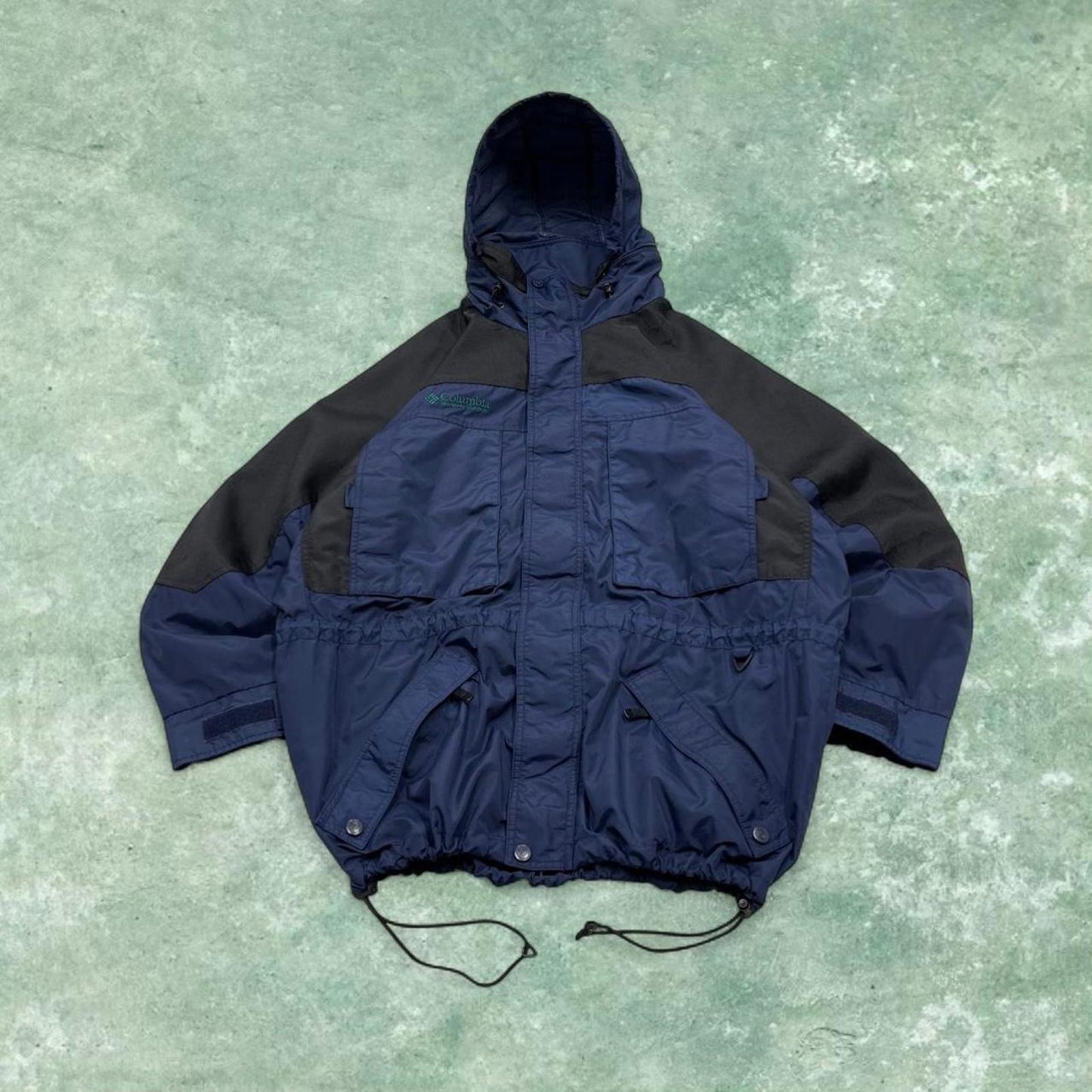 Y2K Columbia technical windbreaker jacket navy Hooded paneled tech coat adjustable