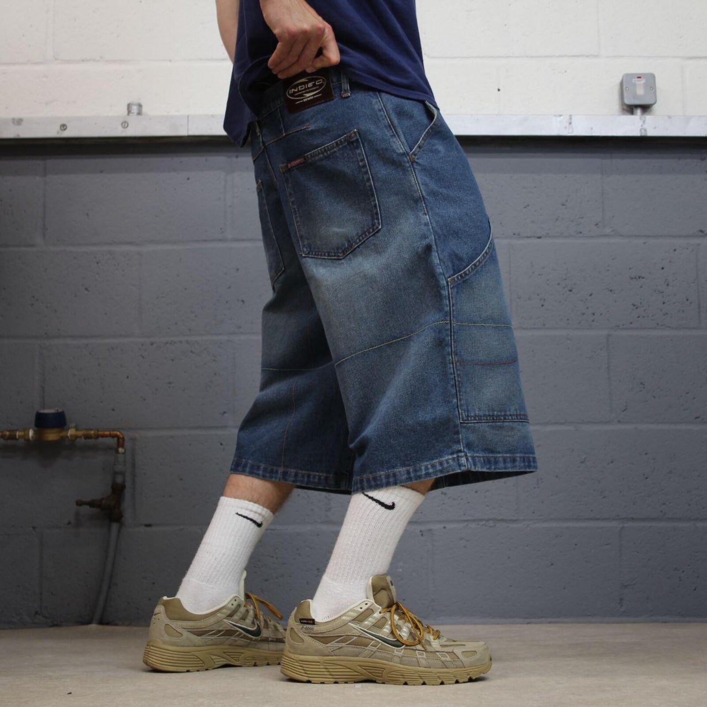 Y2K long baggy denim shorts blue Indigo denim skater style brand surf jorts