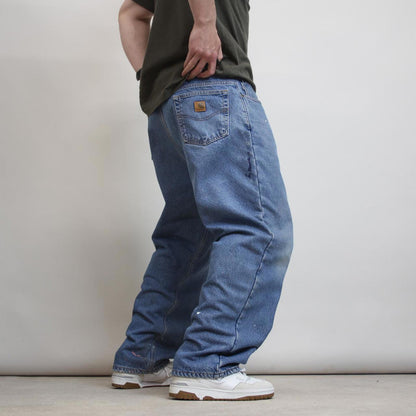 Mens Carhartt jeans W42 L30 Loose Blue fleece lined denim skate jeans patch logo