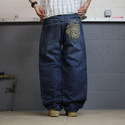Y2K embroidered baggy jeans Live Mechanics blue denim Loose straight skater surf style jeans