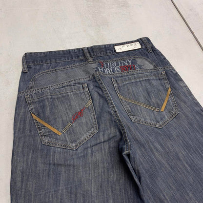 Mens embroidered FUBU denim shorts W30 Y2K print design hip hop jorts