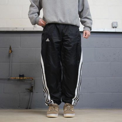 Y2K Adidas tracksuit bottoms black Loose embroidered mesh lined striped track pants