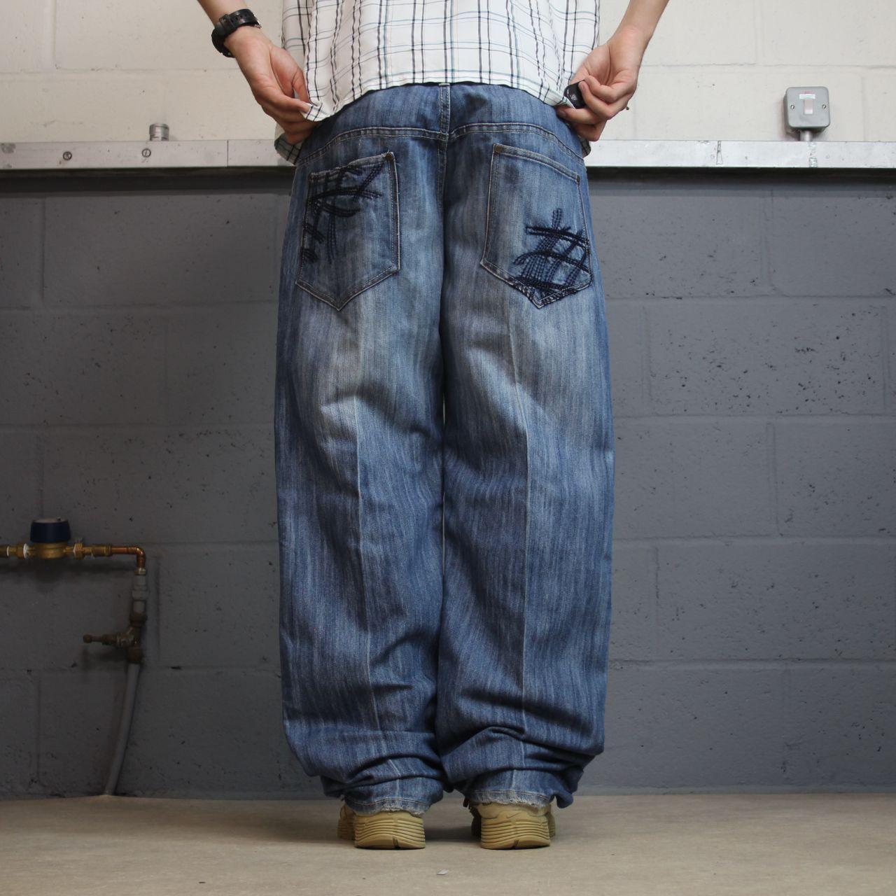 Y2K baggy embroidered jeans washed blue denim W38L34Vibes Gold Label surf pants embroidered