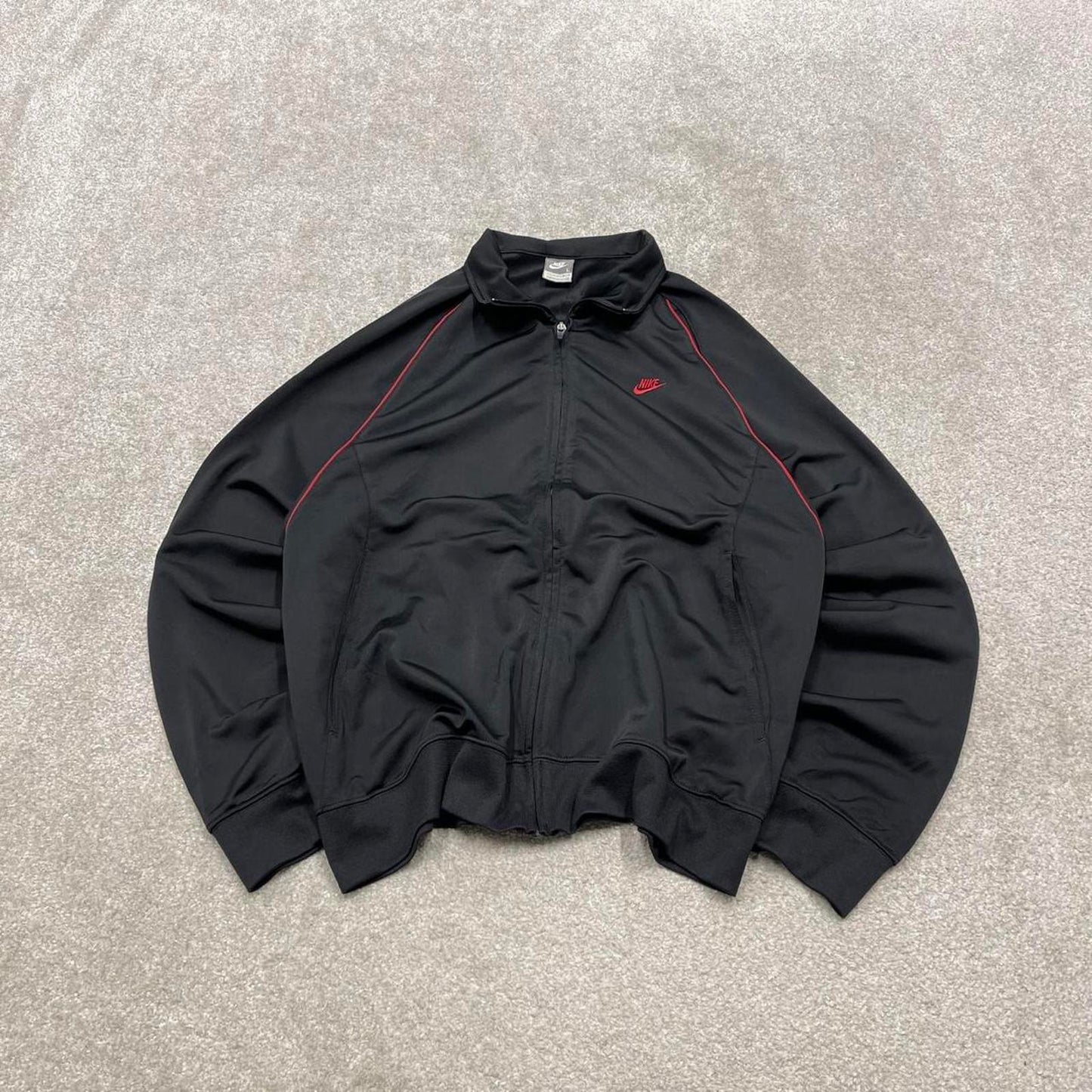 Y2k 00s Nike track jacket Large men's black full zip track suit top embroidered swoosh logo