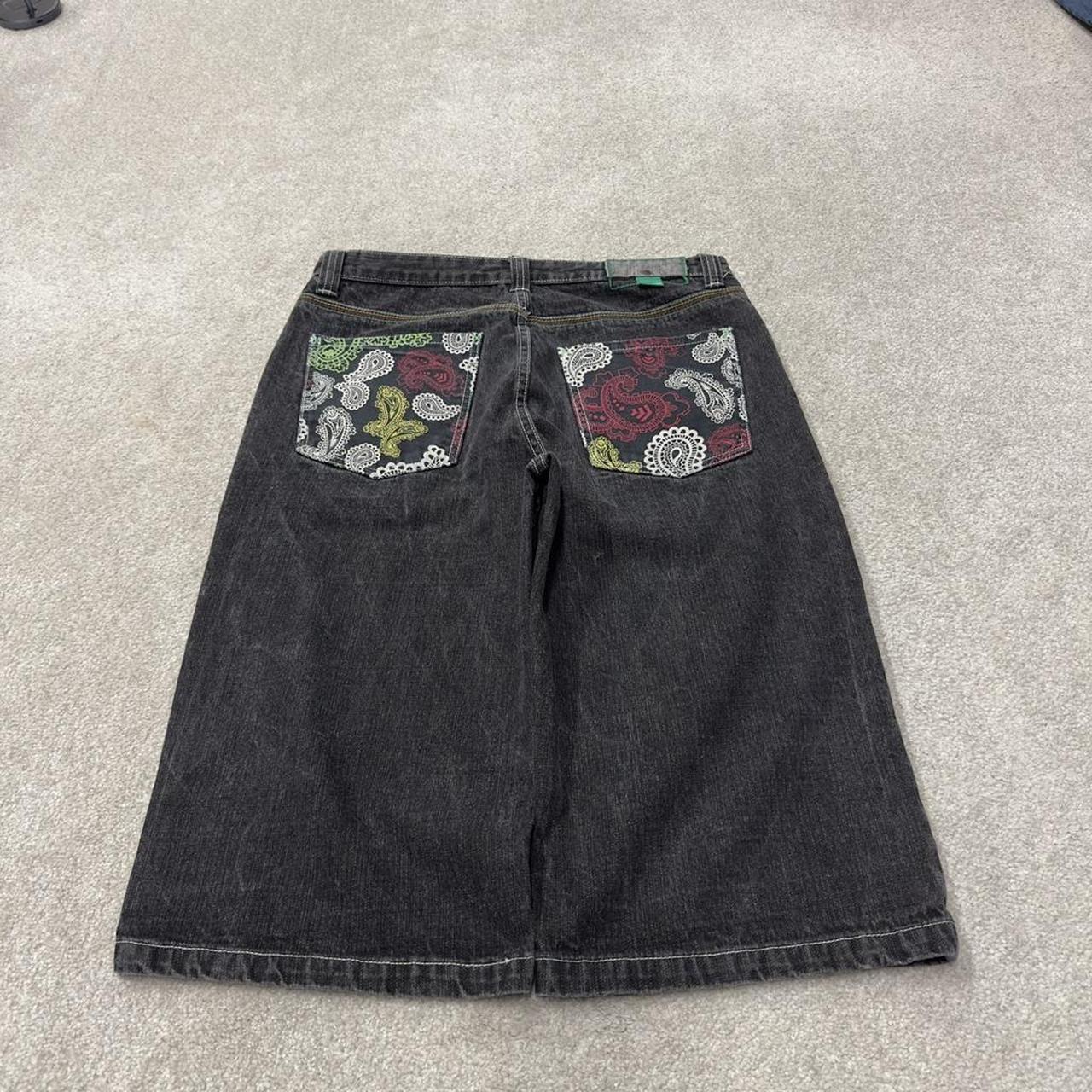 Long baggy denim shorts y2k black 4Fatherz skater style shorts with paisley pattern design