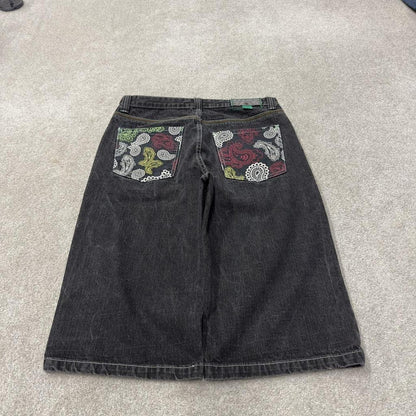 Long baggy denim shorts y2k black 4Fatherz skater style shorts with paisley pattern design