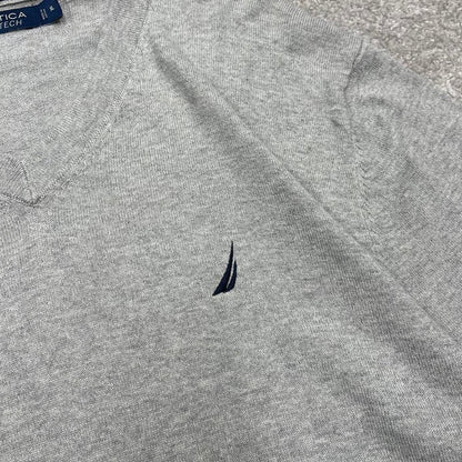 Vintage Y2K Nautica v neck knit sweater jumper grey Embroidered logo knitted pullover
