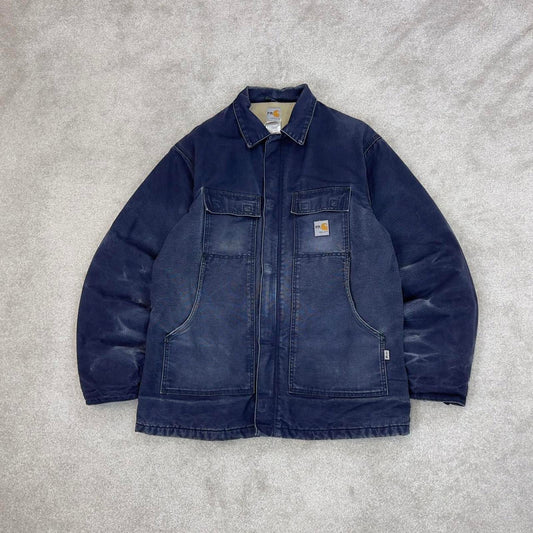 Faded Navy Carhartt jacket XL Tall canvas arctic FR 90s style chore coat cord collar