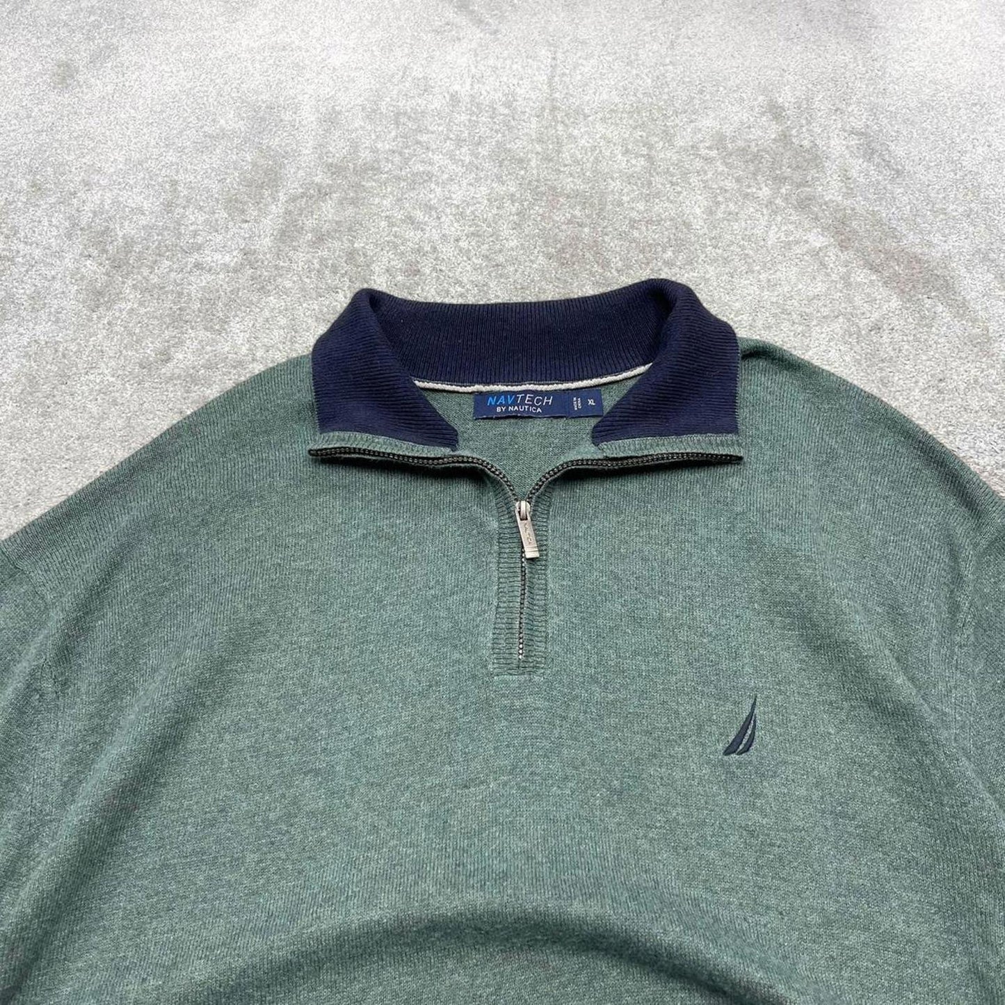 00s Nautica knit sweater jumper embroidered XL men's green knitted 1/4 zip pull over y2k 90s style