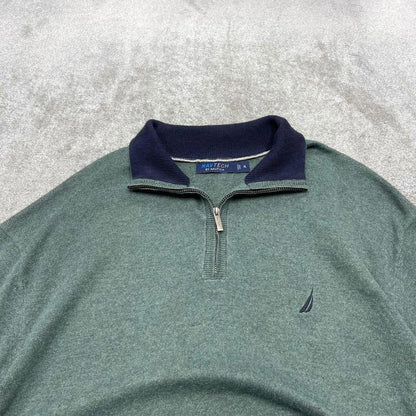 00s Nautica knit sweater jumper embroidered XL men's green knitted 1/4 zip pull over y2k 90s style