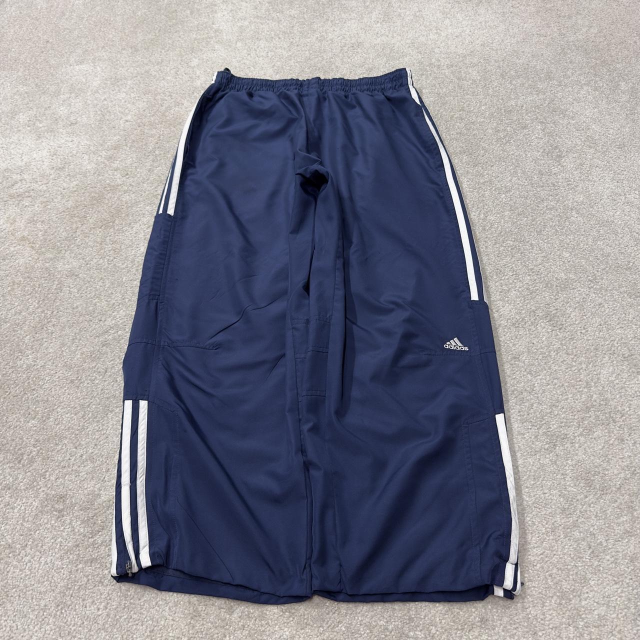 Y2K baggy Adidas tracksuit bottoms navy L Mesh lined side stripes embroidered logo track pants