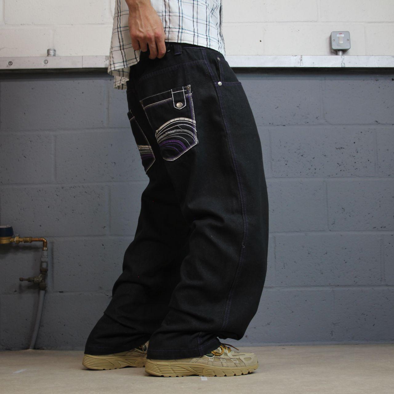 Y2K embroidered baggy jeans W38L31 2000s black Loose fit Rich Kid Jeans skater surf style jeans