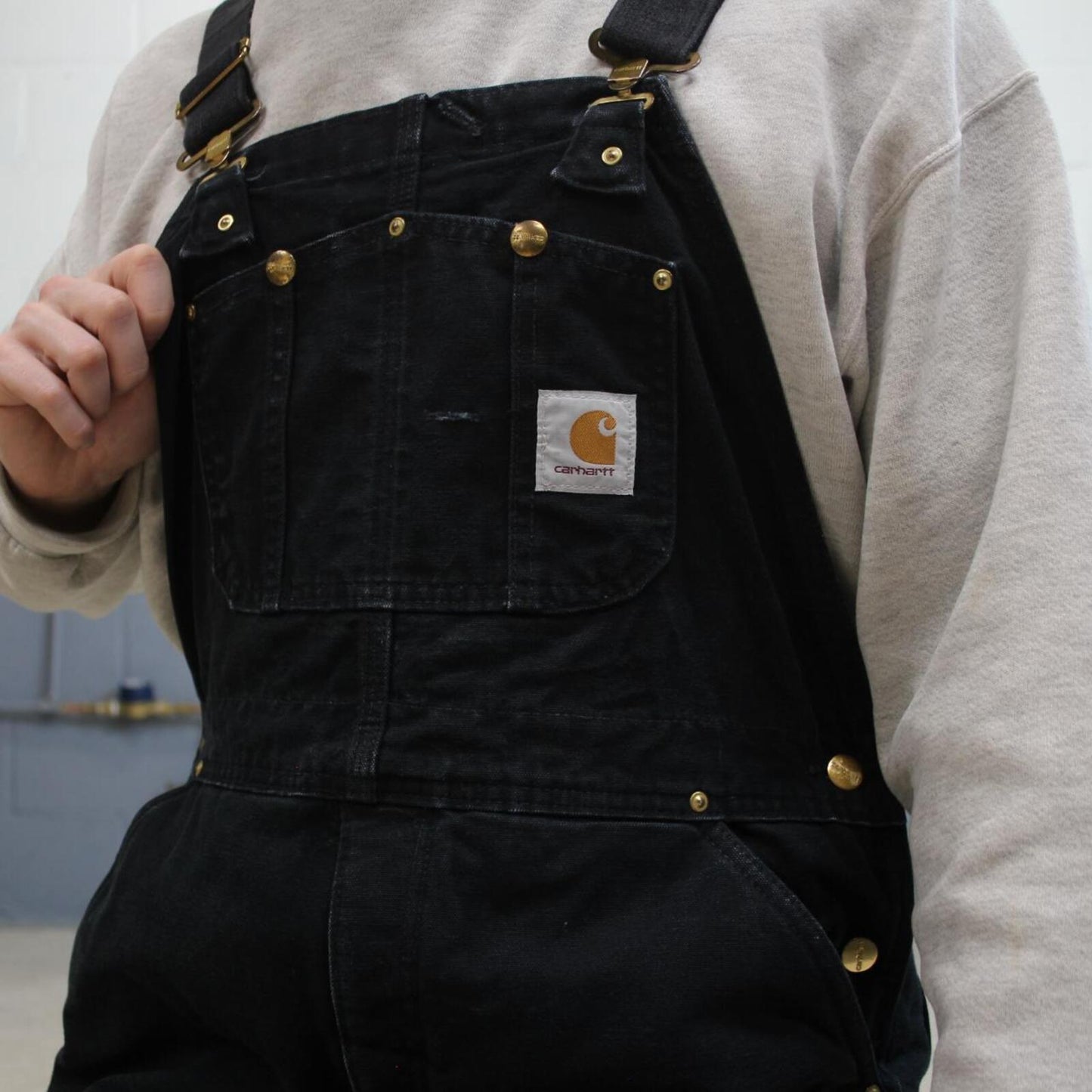 Vintage y2k Carhartt dungarees loose leg faded black Canvas quilt lined bib & brace overalls