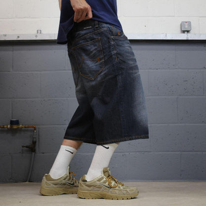 Rocawear baggy Y2K embroidered shorts blue Long leg skater style brand surf jorts
