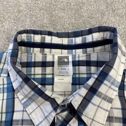 North Face checkered short sleeve shirt white blue TNF festival style button down summer shirt