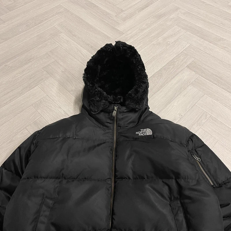 North face 550 puffer jacket women’s black fur hood winter TNF down coat