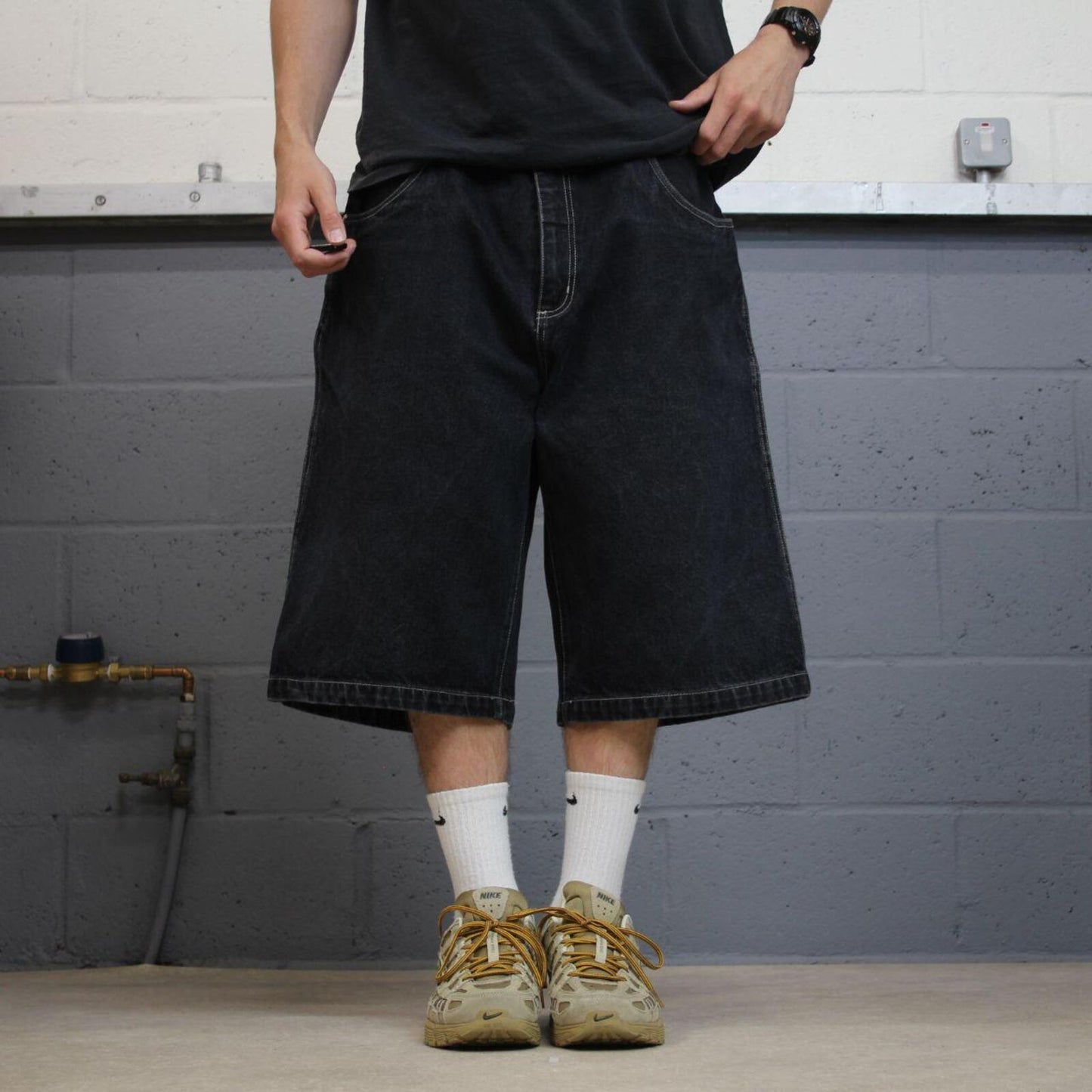 Y2k extra baggy black denim shorts Anchor Blue baggy fit surf style jorts