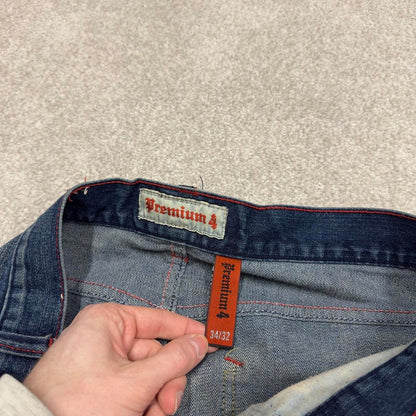 Vintage Y2K embroidered jeans blue Premium loose straight leg denim skater 00s style pants