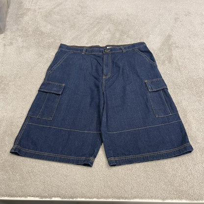 Super baggy denim shorts cargo blue Long leg skater surf style carpenter jorts