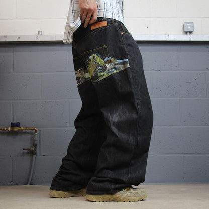 RMC baggy embroidered jeans y2k Japanese style W42L34 black Red Monkey Company LOT 1001 wide leg