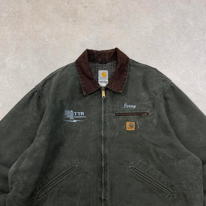 Green Carhartt Detroit jacket XXL J97 MOS boxy cropped blanket lined brown collar canvas workwear