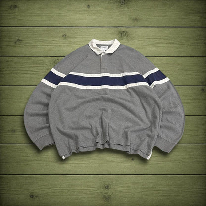 Striped rugby shirt long sleeve polo grey Retro Old Navy button up pullover rugby top