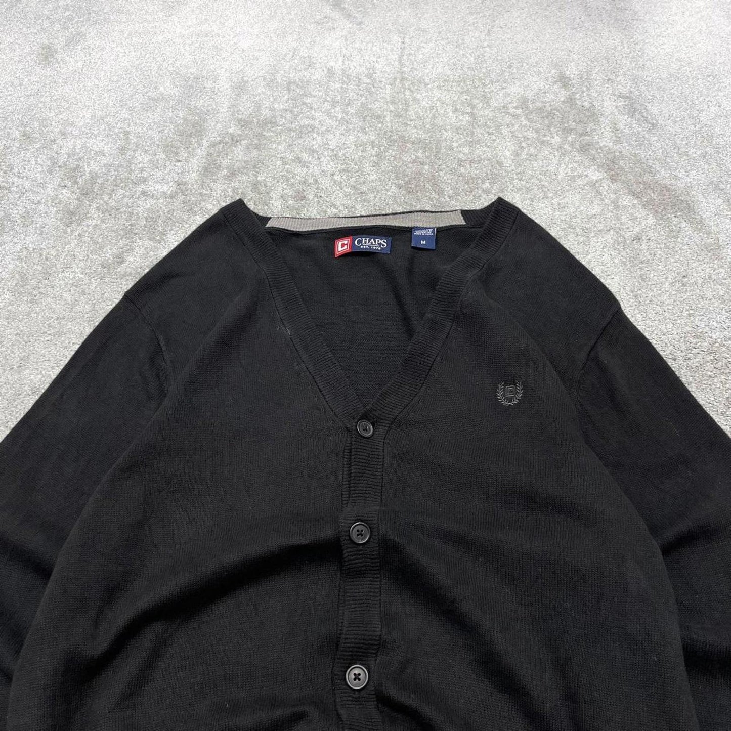 CHAPS knit cardigan jumper embroidered medium men's black knitted button up y2k 00s style