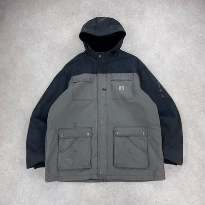 Hooded Carhartt jacket 2XL sherpa lined parker style workwear coat black grey