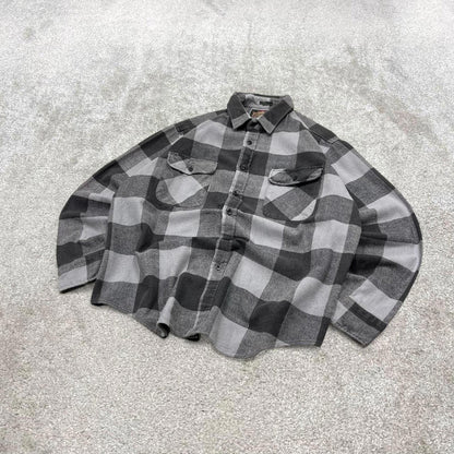 Checkered plaid flannel overshirt autumnal XL grey men's long sleeve thick button up y2k style