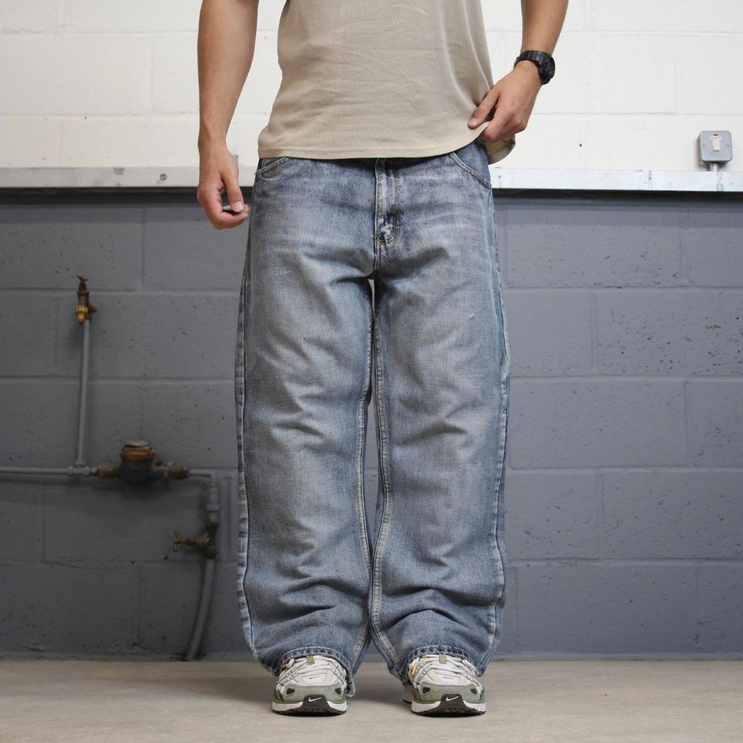 Blue Route 66 baggy skate jeans W38L30 loose denim embroidered y2k style pants big stitch design