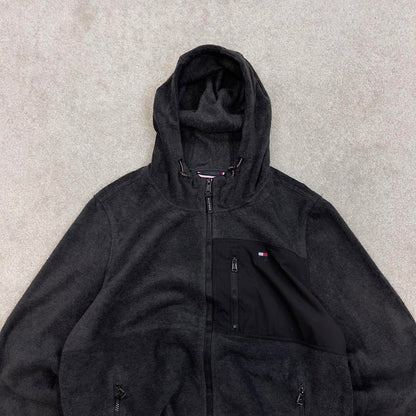 Grey Tommy Hilfiger technical fleece jacket Large y2k style hooded full zip embroidered logo hoodie
