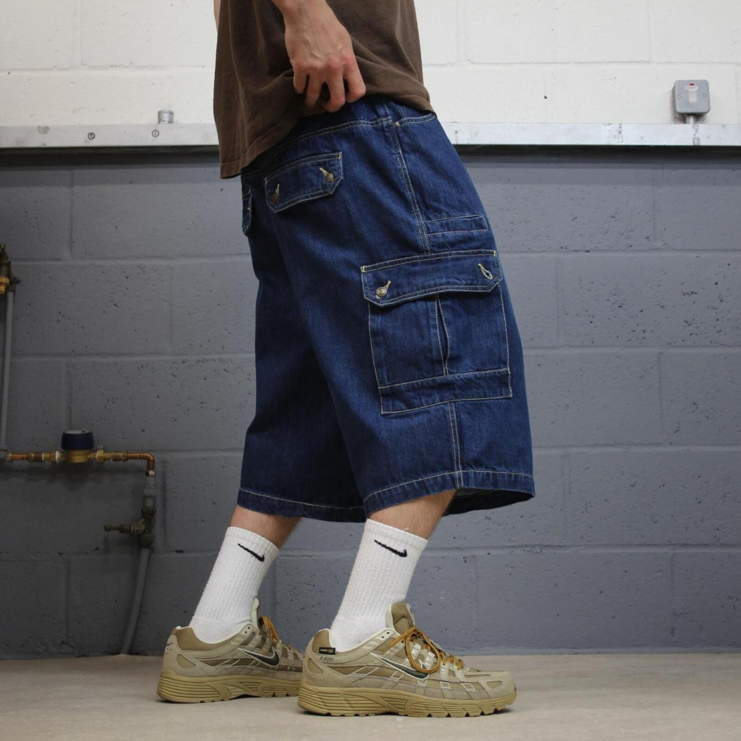 Long extra baggy denim cargo shorts blue Liberty Blues skater style carpenter jorts