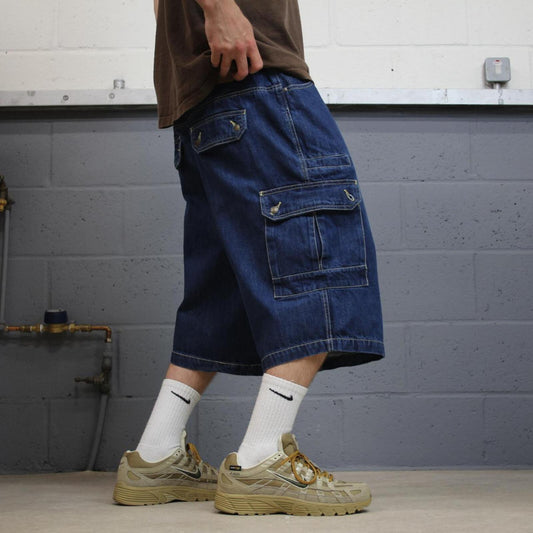 Long extra baggy denim cargo shorts blue Liberty Blues skater style carpenter jorts