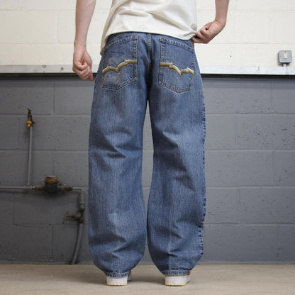 Baggy Blue Culture Jeans W34 L30 wide leg embroidered design 90s style skater jeans