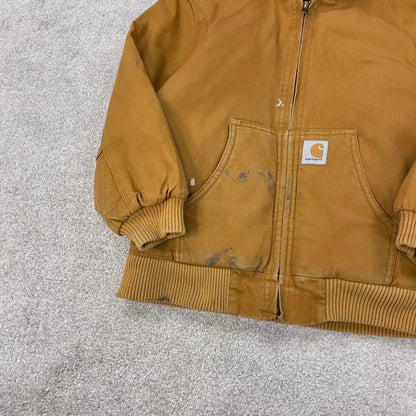 Vintage Kids Carhartt hooded active jacket Small (7-8) tan canvas 90s style quilt lined active