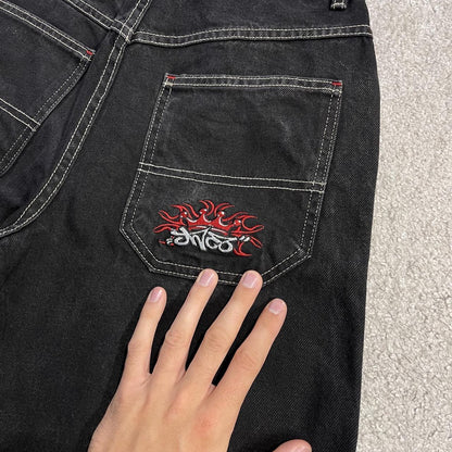 Y2K JNCO denim shorts tribal crown black Vintage loose embroidered logo summer jorts