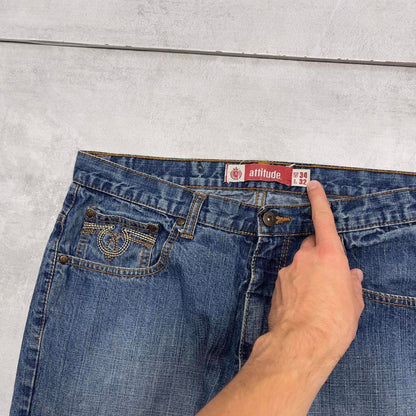 Mens y2k skate jeans Attitude W34 L32 blue loose denim 90s style embroidered design jeans